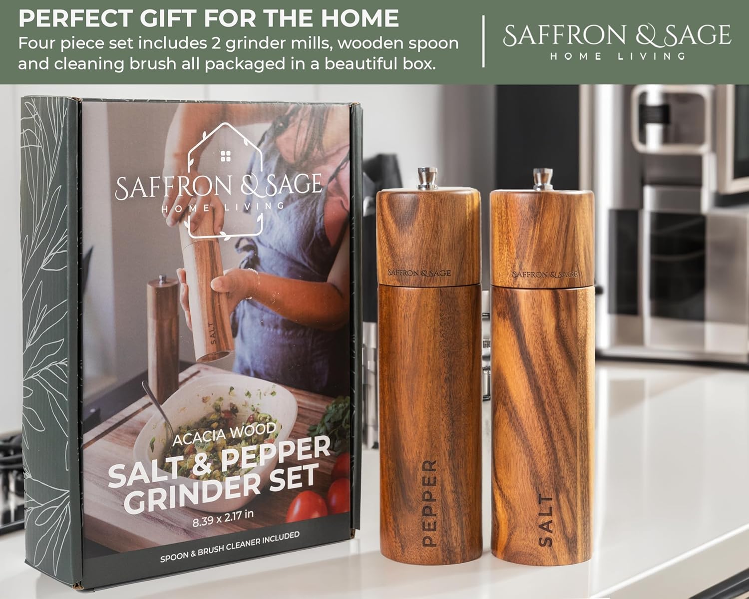 Saffron & Sage Acacia Wood Salt and Pepper Grinder Set | 8” Tall, Adjustable Coarse Settings, Rust Resistant