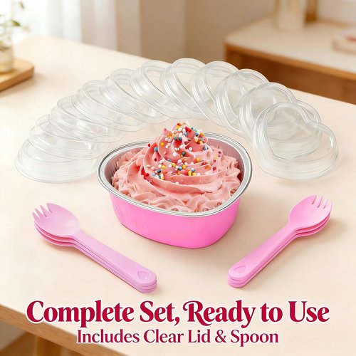 STN Mini Heart Shaped Cake Pans 100 ml/ 3.4 Ounces Heart Aluminum Foil Cupcake Pans 50pcs Valentine's Day Baking Cups With Lids Spoon for Valentine Mother's Day Birthday Wedding (Pink)