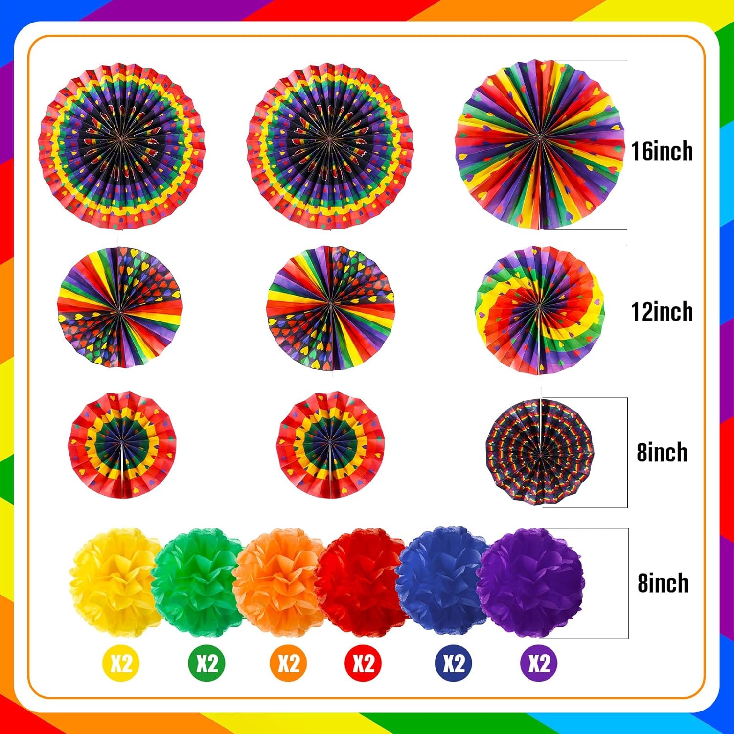 Outus Rainbow Love Heart Paper Fans - 21 Pcs Gay Pride Decorations for LGBT Celebrations