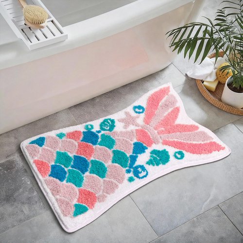 Faitove Mermaid Tail Bath Mat for Kids Bathroom Ocean Fish Scales Non-Slip Thick Microfiber Rugs Super Absorbent Cute Bathtub Decor Door Mat Pink Teal Girl’s Carpet - 32" x 20"