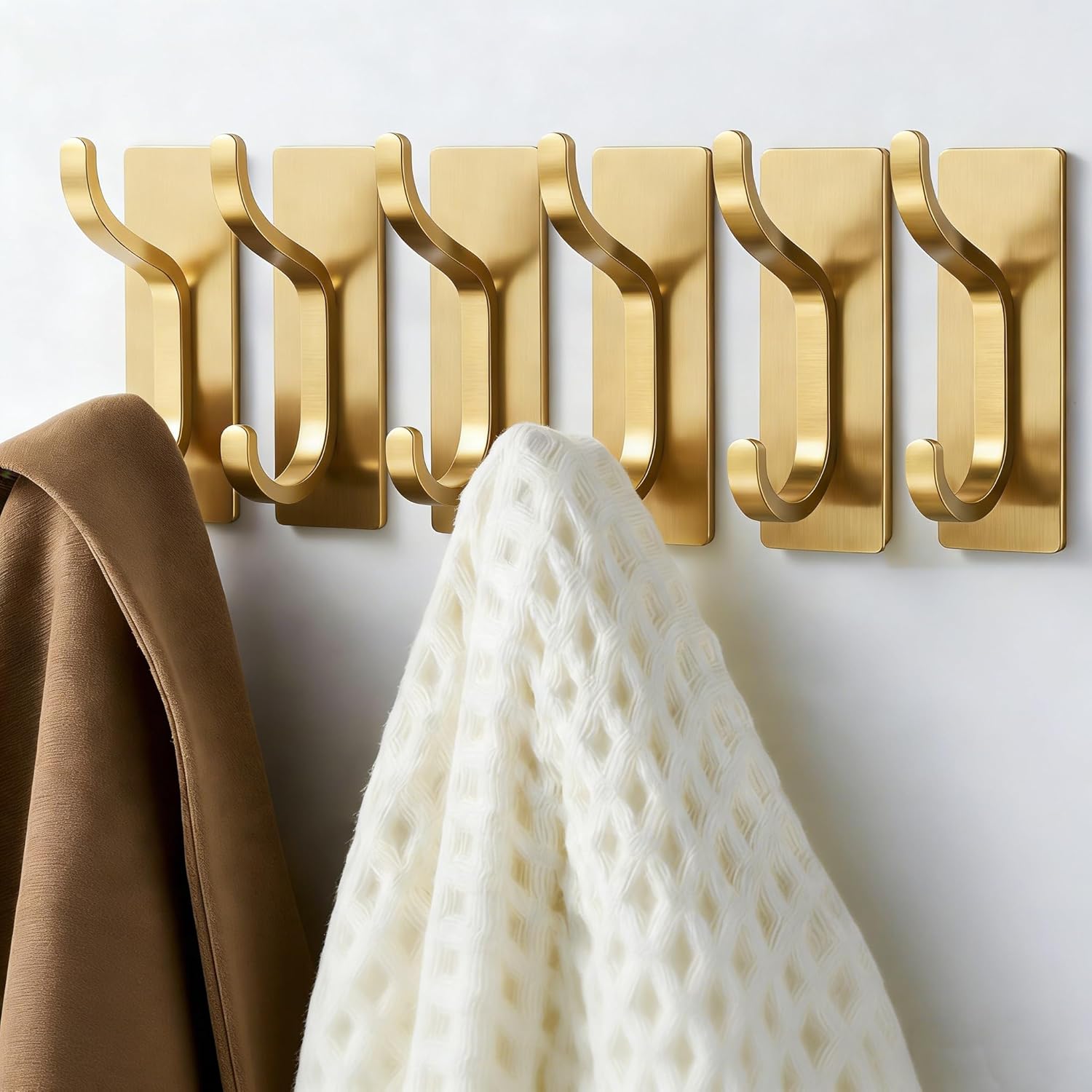 Pickpiff Adhesive Wall Coat Hooks - Heavy-Duty Stick-On Metal Hangers for Towels, Bags & Clothes - Gold, 6 Pack