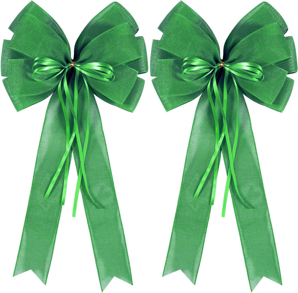 Skiennix St. Patrick's Day Wreath Bow Decor - 2 PCS Green Burlap & Glitter Tree Topper Bows