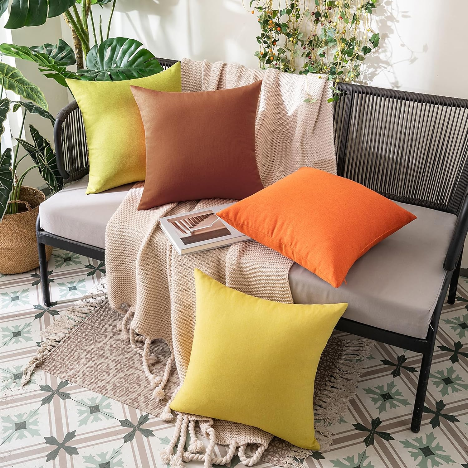 MIULEE Decorative Outdoor Throw Pillow Covers - Waterproof Faux Linen Cushion Cases | 26x26 Inch Orange, Pack of 2