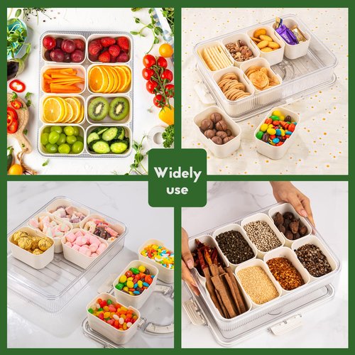 FEIOOD Patent Design Ribbed Snackle Box Container Snack Container Divided Serving Tray with Lid and Handle, 8 Divider Portable Snacklebox for Travel Beach for Charcuterie Veggie Fruit Candy,1 Pack