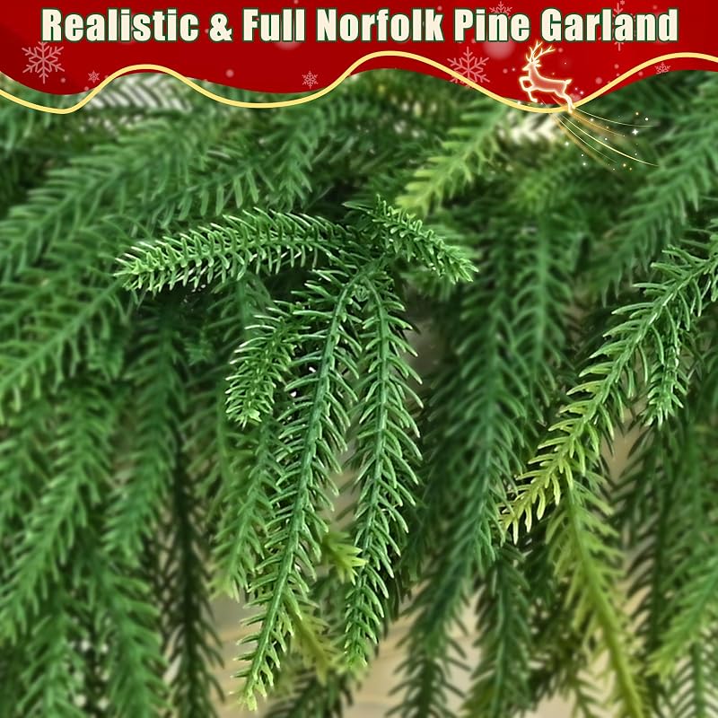 9 ft Cedar Garland with Lights - Realistic Norfolk Pine Christmas Wreath & Decoration
