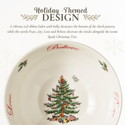 Spode Christmas Tree Revere Bowl - Checkered Exterior & Holly Accents, Festive Candy Dish or Snack Bowl with Sentiments Inside, 6" Porcelain - Dishwasher & Microwave Safe, Great for Gifting & Parties
