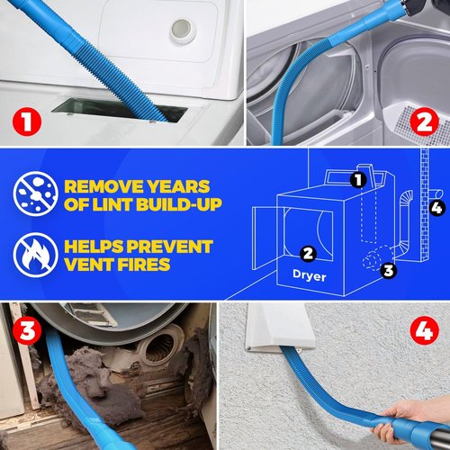 Holikme Dryer Vent Cleaner Kit - 2-Piece Lint Vacuum Attachment & Flexible Brush | Blue