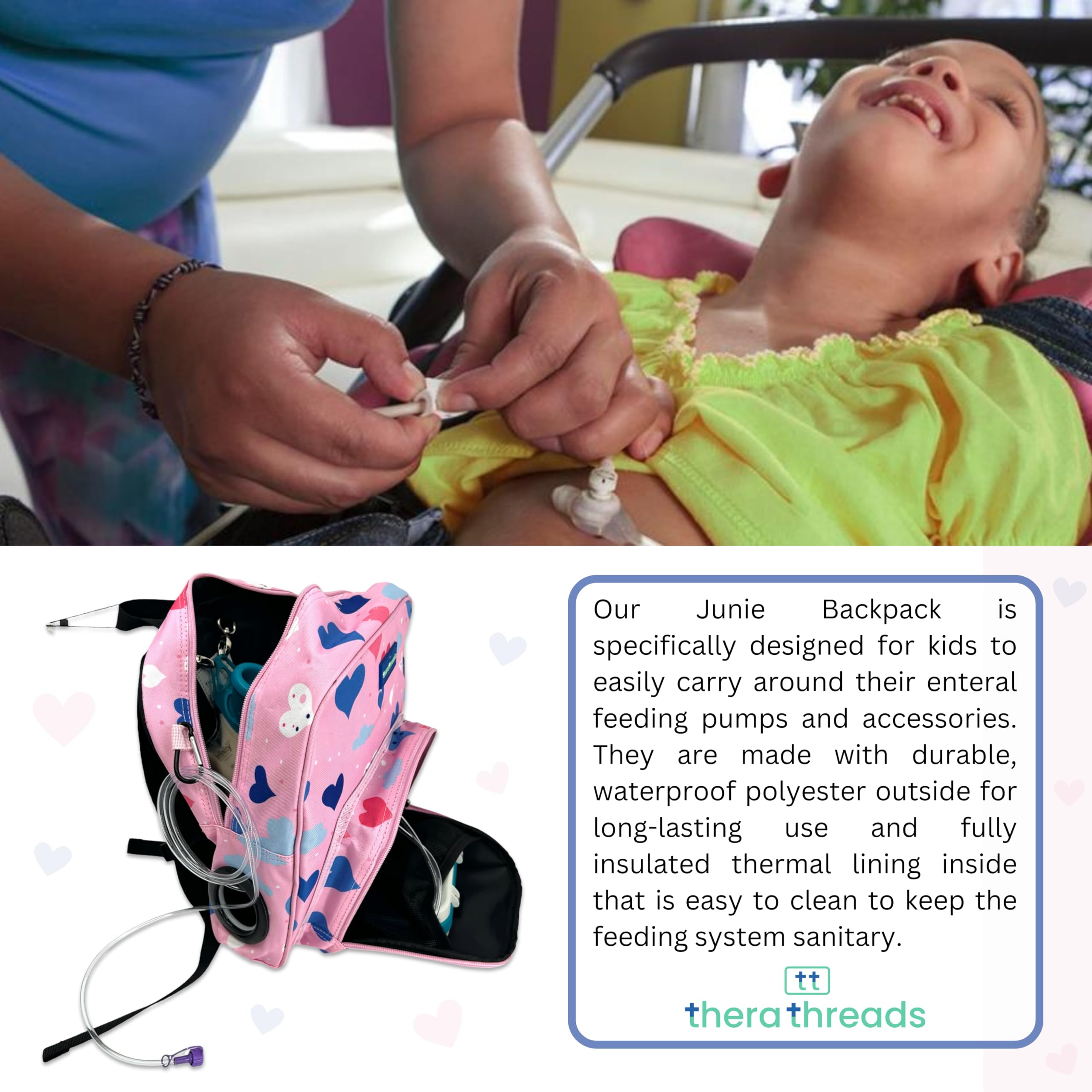 therathreads Junie Feeding Tube Backpack for Kids Enteral Feeding Pumps (EnteraLite Infinity and Kangaroo Joey), G Tube, J Tube, GJ Tube, PEG Tube Bag fits 500mL to 1L Capacity Bags (Hearts)