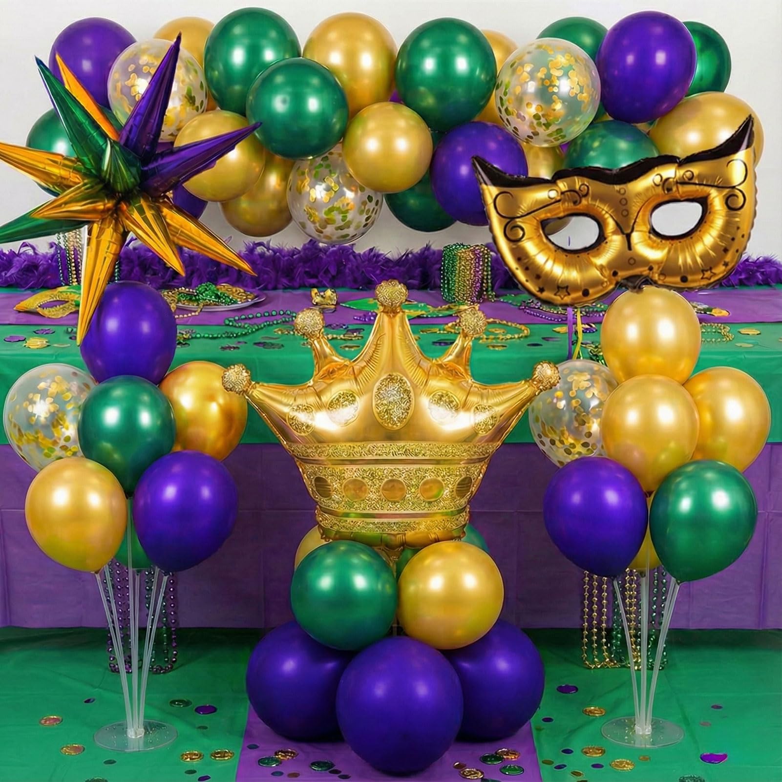 Mardi balloon garland arch kit Purple Emerald green gold with Crown and Mask star mylar Balloons for Grand Fat Tuesday Party Decorations for Gorgeous Funny Festive Vibe