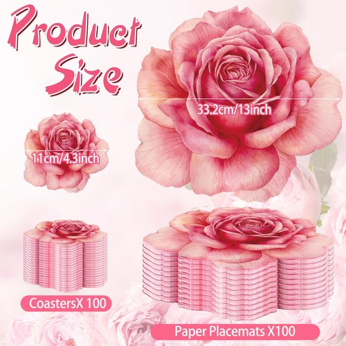 Geosar 200 Pcs Pink Floral Paper Placemats and Coasters Spring Summer Flower Chargers Table Mat Disposable Rose Flower Placemat with Coasters for Tea Party Wedding Bridal Baby Shower Birthday 13''