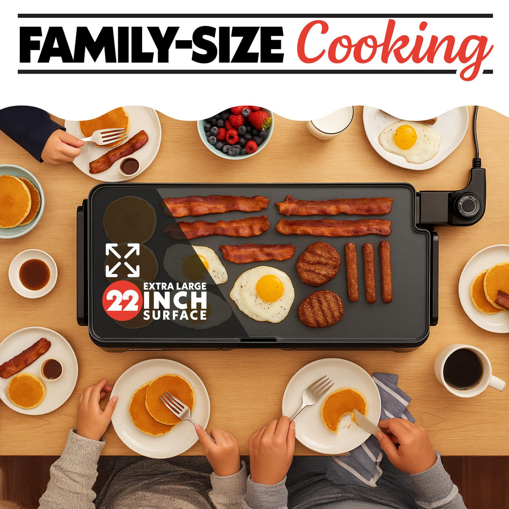 Gourmia 22 Inch XL Electric Griddle Pan - Nonstick Extra Large Flat Top Ceramic Surface, Countertop Cooker, Adjustable 200°F–400°F, Pull-Out Drip Tray, Compact Handle-Free Design