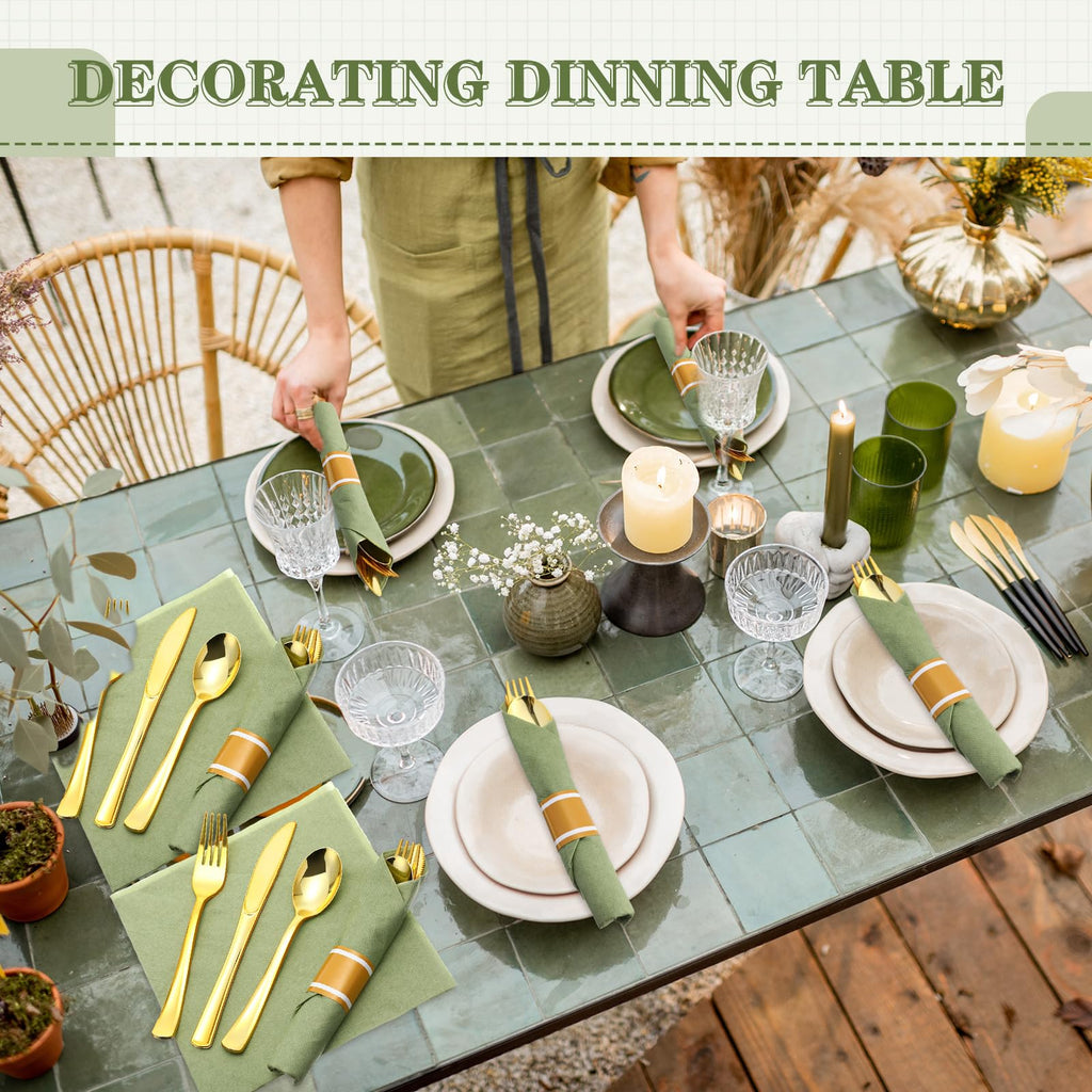 Zubebe 100 Pack Pre Rolled Silverware Set Disposable Wrapped Plastic Cutlery Set with Napkin Disposable Utensils Includes Forks Knives Spoons Napkins Wrapped for Party Dinners Wedding(Gold, Green)