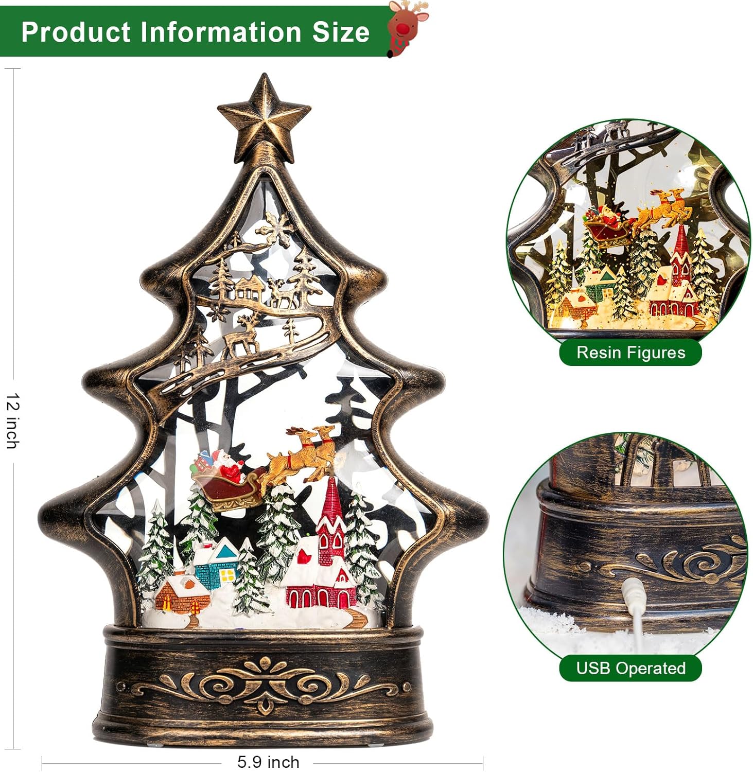 Regine Switzerland Christmas Snow Globe Lantern - Glittering Buildings & Santa's Deer | USB & Battery Operated with Music & Timer