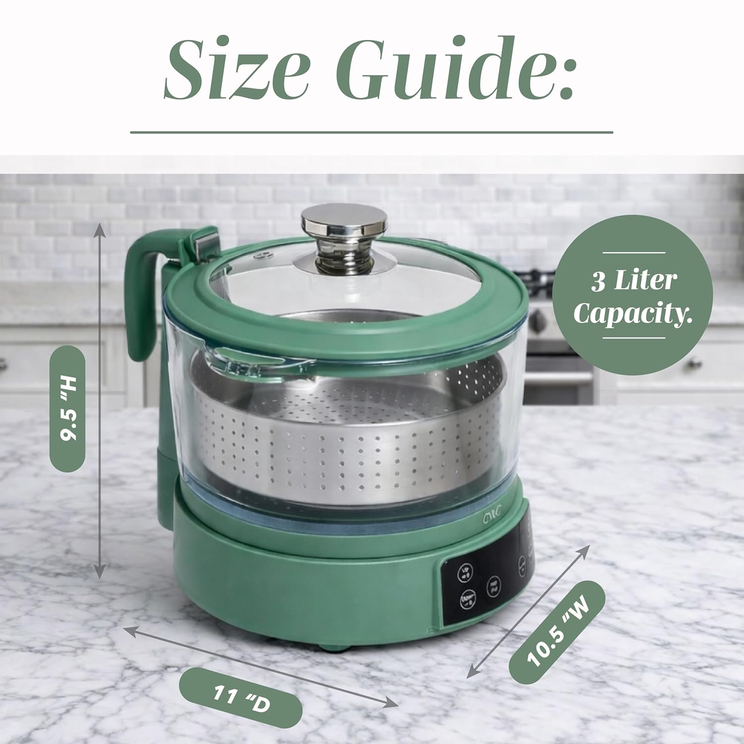 Cook With Color 3L Glass Mini Low Carb Rice Cooker - Auto Lift Filter Basket & Steamer, Dark Sage