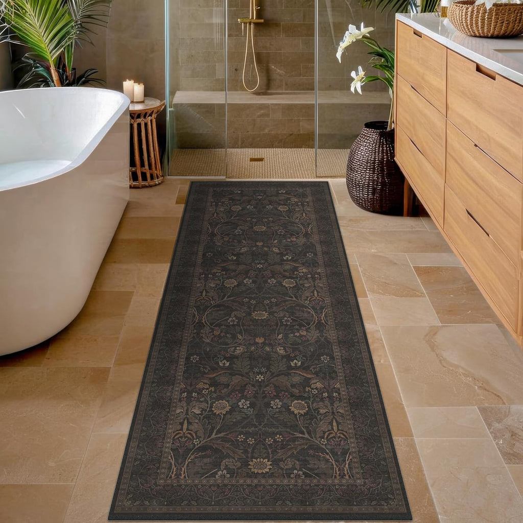 Skiennix Washable 2x6 Kitchen Runner Rug - Non-Slip Dark Brown Floral Design for Farmhouse & Cabin