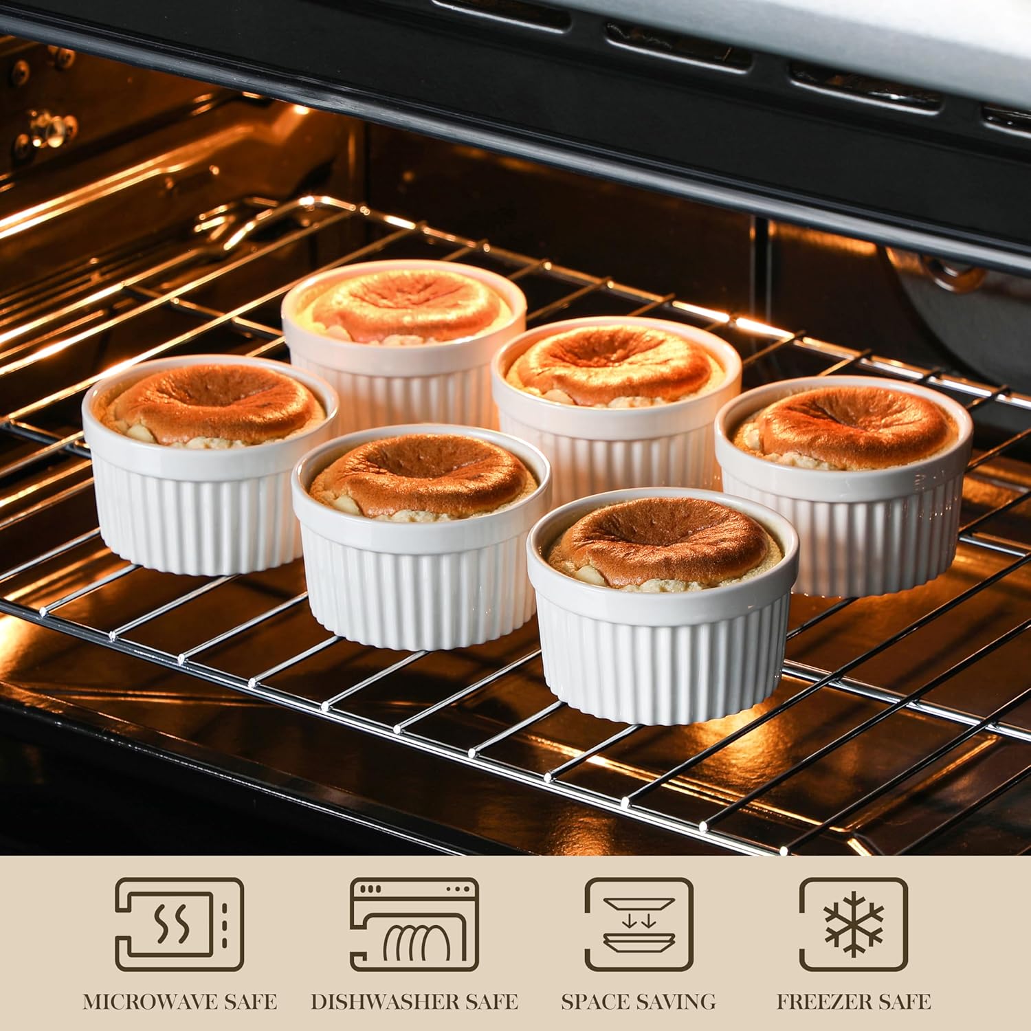 MALACASA Ramekins - 8 oz Oven Safe Porcelain Baking Cups | Set of 6 White Creme Brulee Dishes