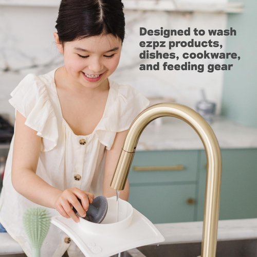 ezpz Mushroom Sponge (Sage) - Odor-Resistant Kitchen Sponge with Soft Bristles, Non-Slip Handle, Suction Base - Gently Cleans Pans, Dishes and Feeding Gear