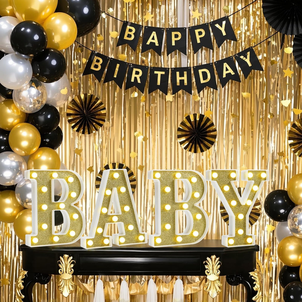 Pooqla BABY Marquee Light Up Letter Set, Gold Glitter Glowing Letters for Baby Shower Girl Boy Birthday Party Backdrop, LED Light Up Letter for Gender Reveal Home Bedroom Nursery Table Wall Decor