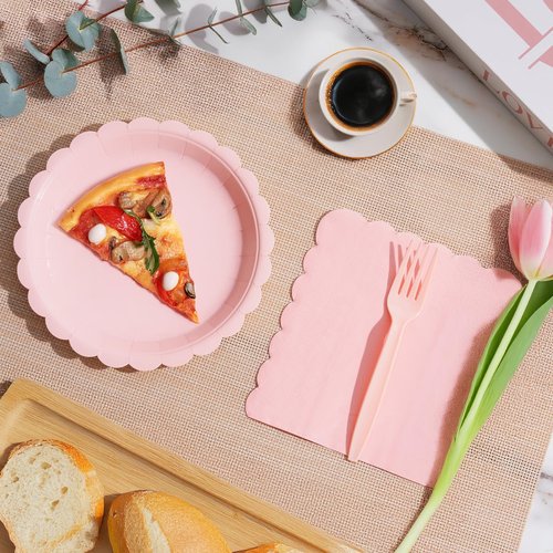 Tyzarglef 105PCS Paper Plates and Napkins Set,7 Inch Scalloped Disposable Tableware with Forks for Birthdays, Garden Parties & Outdoor Events,Serves 35 (Light Pink)