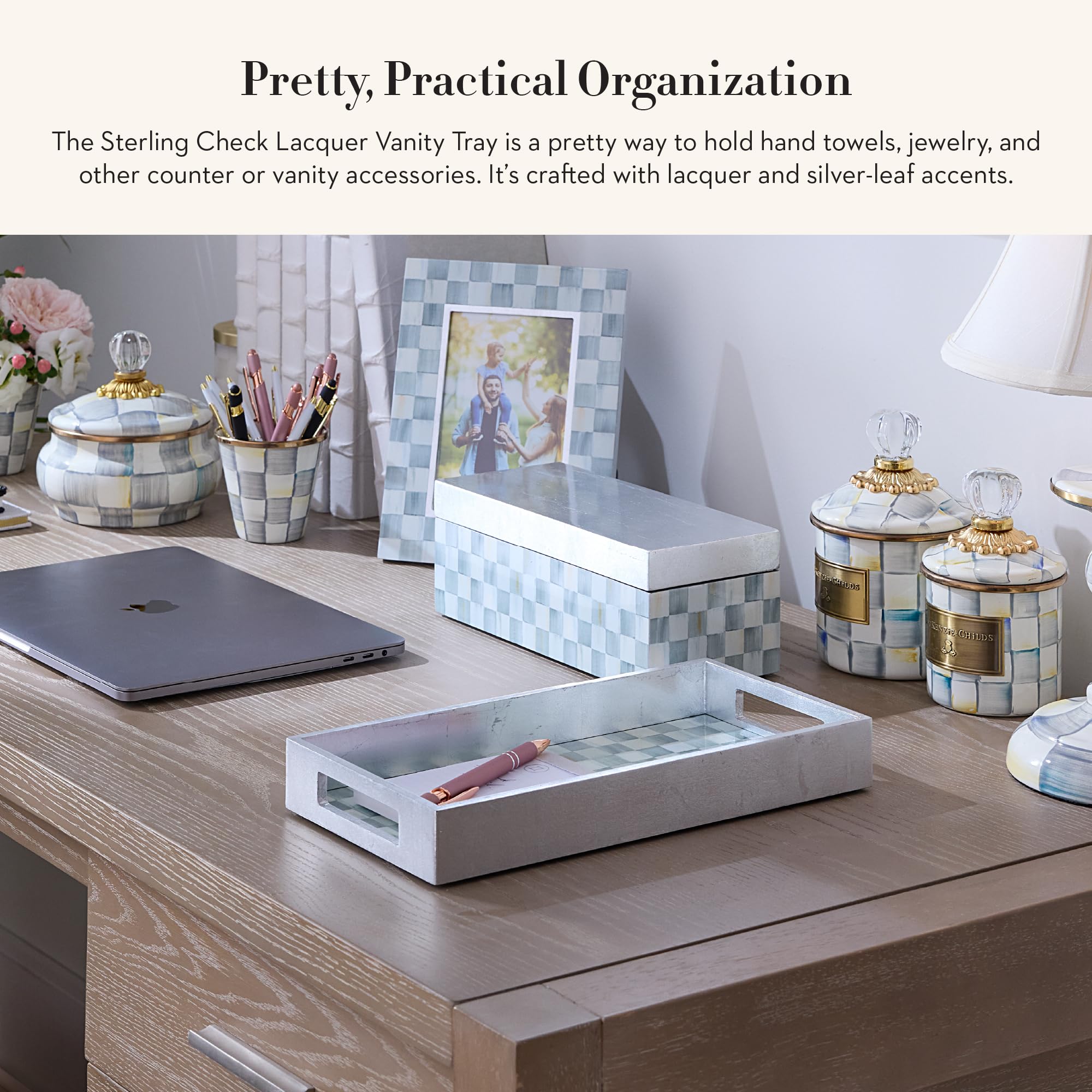 MACKENZIE-CHILDS Lacquer Vanity Tray with Handles, Rectangular Tray for Dresser and Home Decor, Gray-and-White Sterling Check