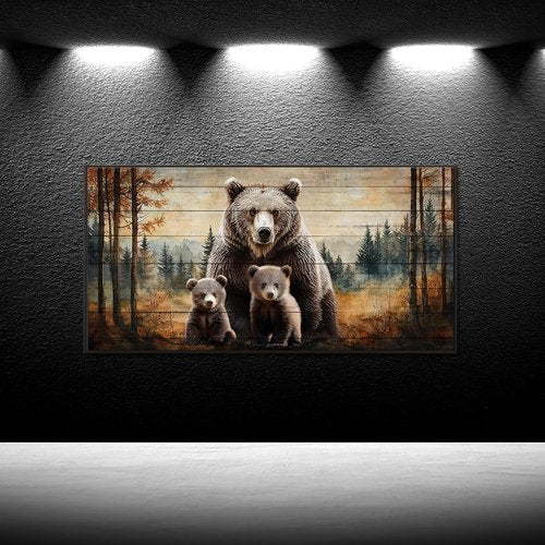 iKNOW FOTO Bear Family Canvas Print - Rustic Forest Wall Art with Black Floater Frame | 20x40'' Ready to Hang