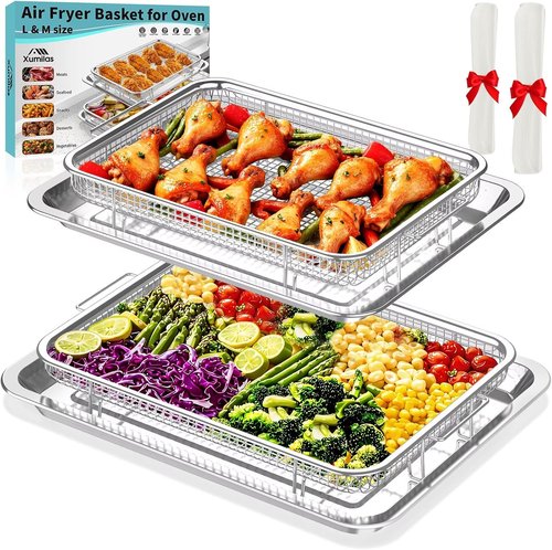 Air Fryer Basket Set by [Brand Name] - Stainless Steel Crisper Tray & Pans | Family-Size, Non-Stick, Dishwasher Safe (15"x11" & 12.8"x9.7")