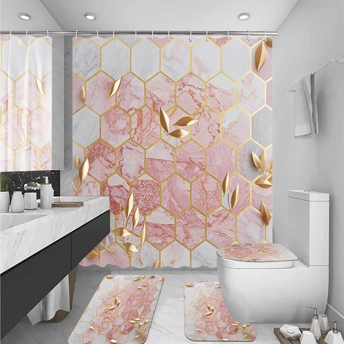 Omebero 4 Pcs Pink Shower Curtain Sets with Rugs Bathroom Sets with Shower Curtain and Rugs Modern Abstract Halloween Bathroom Decor Accessories Shower Curtains for Bathroom Toilet Lid Cover