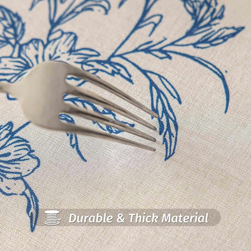 Round Tablecloth 70 Inch - Faux Linen Water-Resistant Floral Blue, 70" Diameter