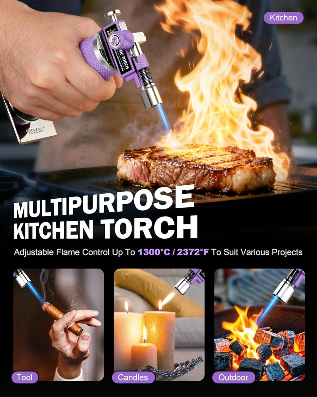 RAVS Butane Torch Lighter - Refillable Kitchen Torch with Adjustable Flame & Safety Buckle - Purple