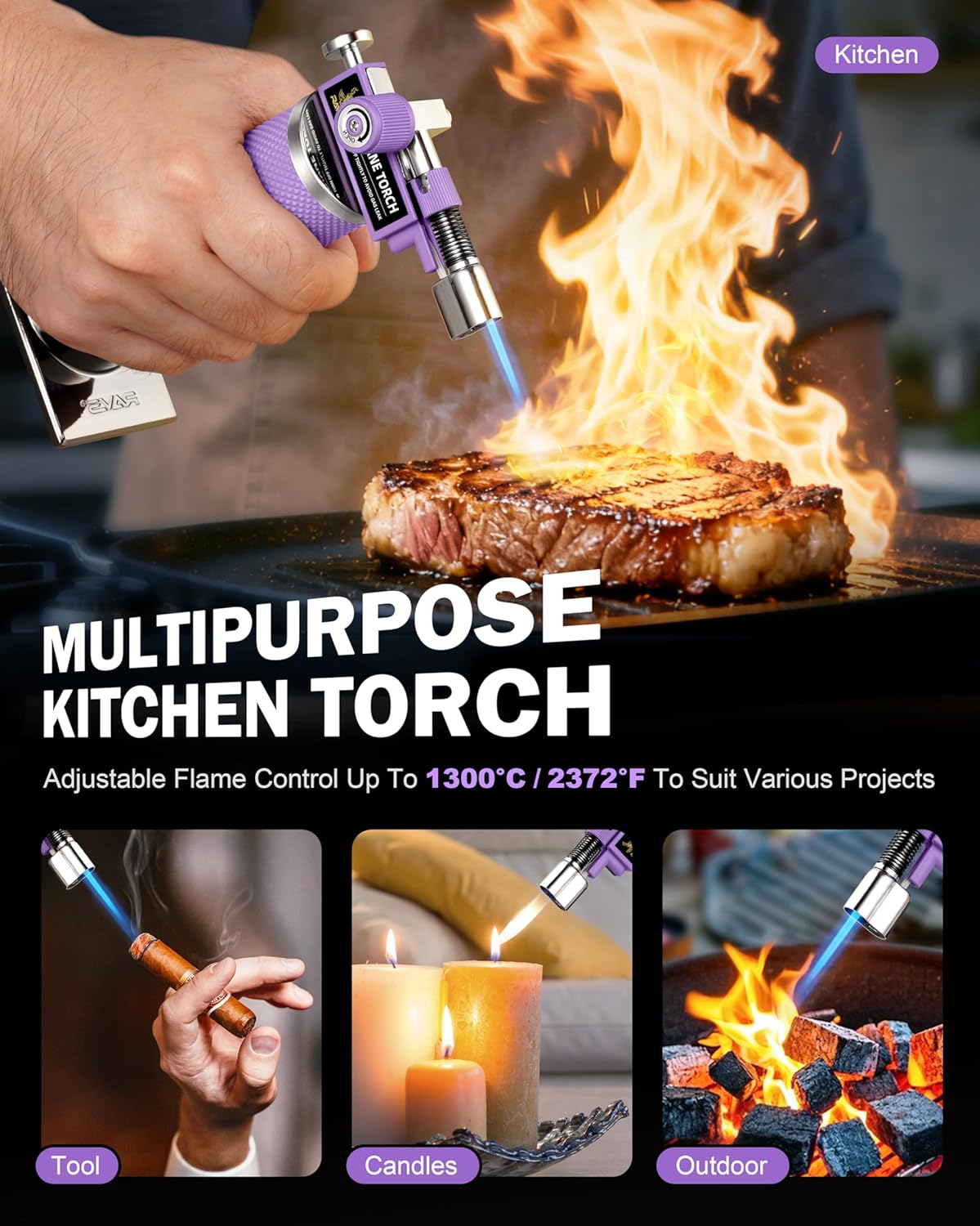 RAVS Butane Torch Lighter - Refillable Kitchen Torch with Adjustable Flame & Safety Buckle - Purple