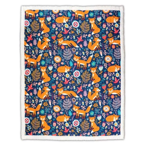 Lush Decor Pixie Fox Sherpa Throw Blanket 50”W x 60"L Navy & Orange - Sherpa Blankets - Toddler Blanket For Bed - Navy Girls Room Decor - Floral Throw