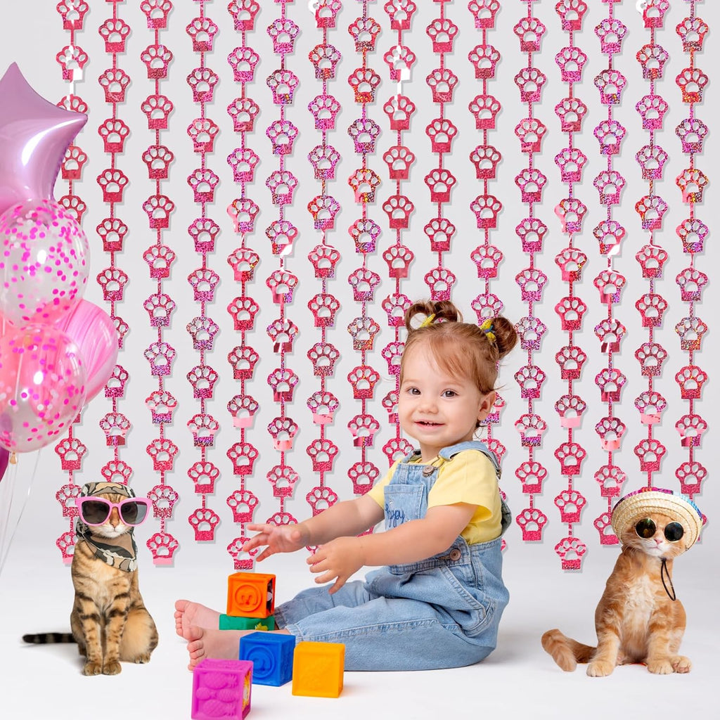 MENSTARSI Cat Birthday Decorations - 2 Pack Pink Cat Paw Party Supplies | 3.3x6.6 Ft Foil Fringe Curtains & Tinsel Backdrop
