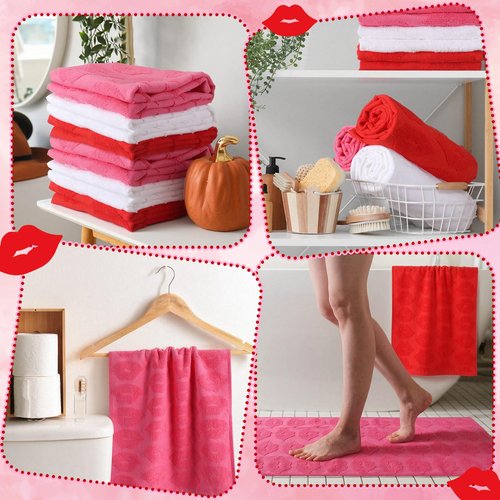 Frienda 6 Pcs Valentine's Day Hand Towels for Bathroom 100% Cotton Bath Towel Red Pink White Lips Jacquard Decorative Absorbent Bath Towel for Drying Cleaning Cooking,12.4 x 28.3''