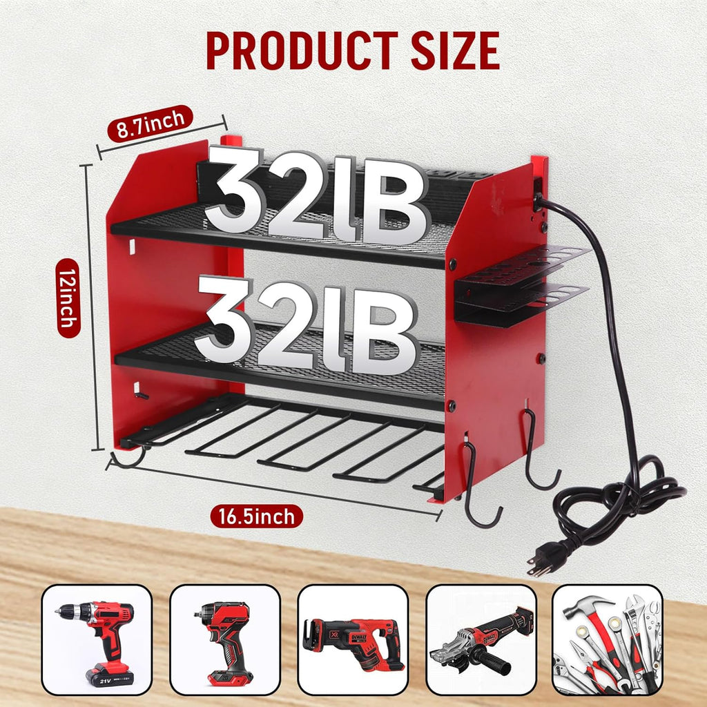 Power Tool Organizer - Heavy Duty Wall Mount Storage Rack with Charging Station | 3 Layers, 4 Drill Holders