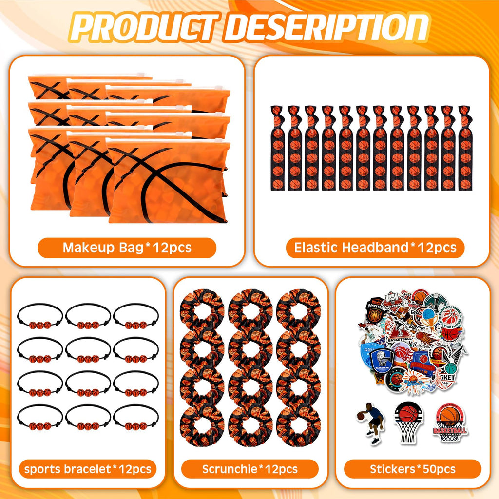 Suncalla 98 Pcs Basketball Party Favors Include Basketball Goodie Makeup Bags Bracelet Hair Bands Hair Ties Sticker for Sports Team Gifts Birthday Decoration Party Supplies