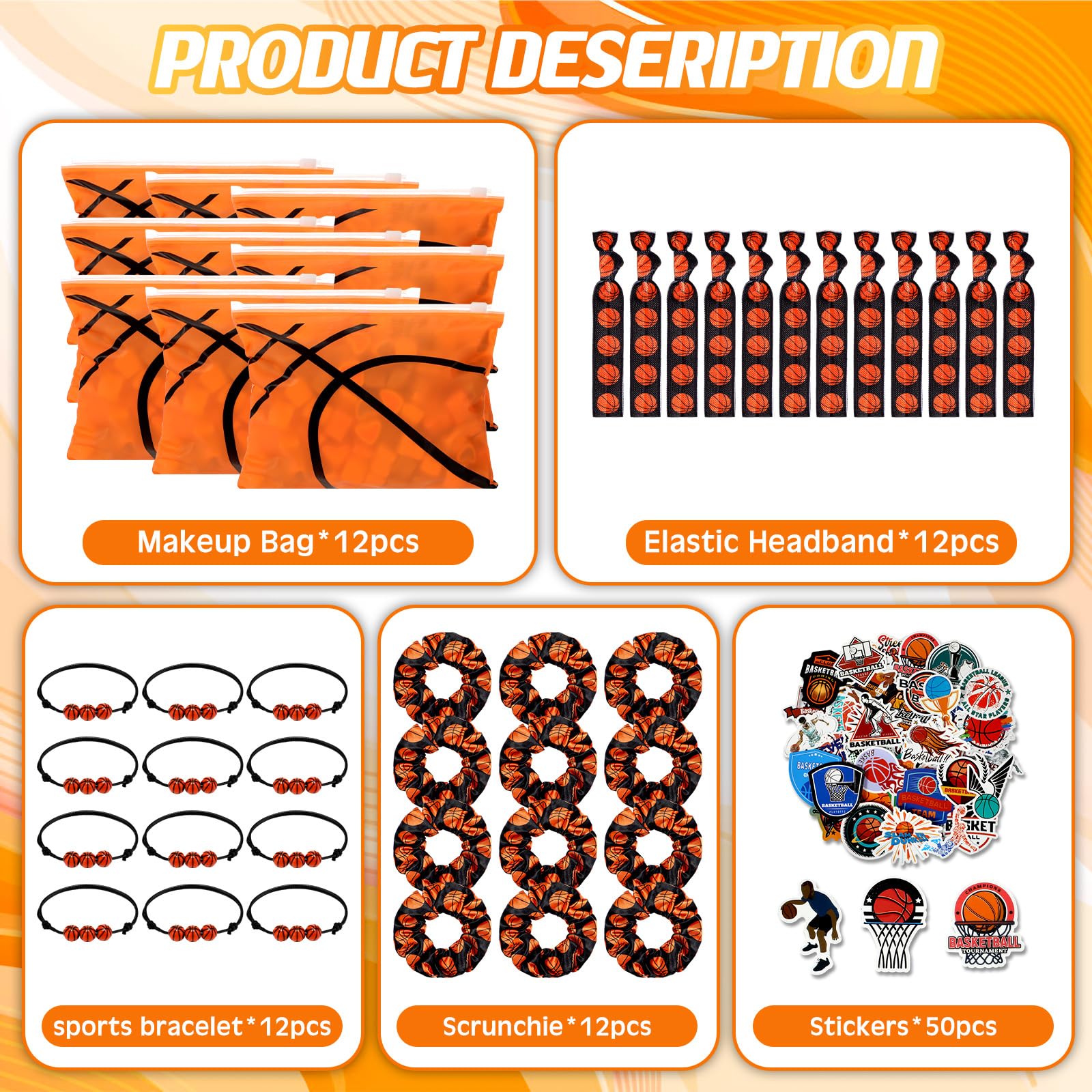 Suncalla 98 Pcs Basketball Party Favors Include Basketball Goodie Makeup Bags Bracelet Hair Bands Hair Ties Sticker for Sports Team Gifts Birthday Decoration Party Supplies