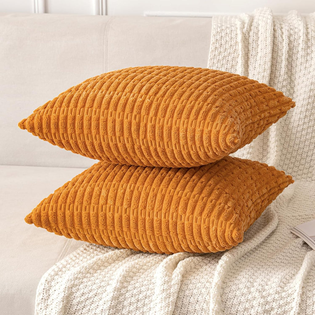 MIULEE Burnt Orange Corduroy Decorative Pillow Covers - Soft Boho Striped 18x18 Inch | Modern Farmhouse Decor
