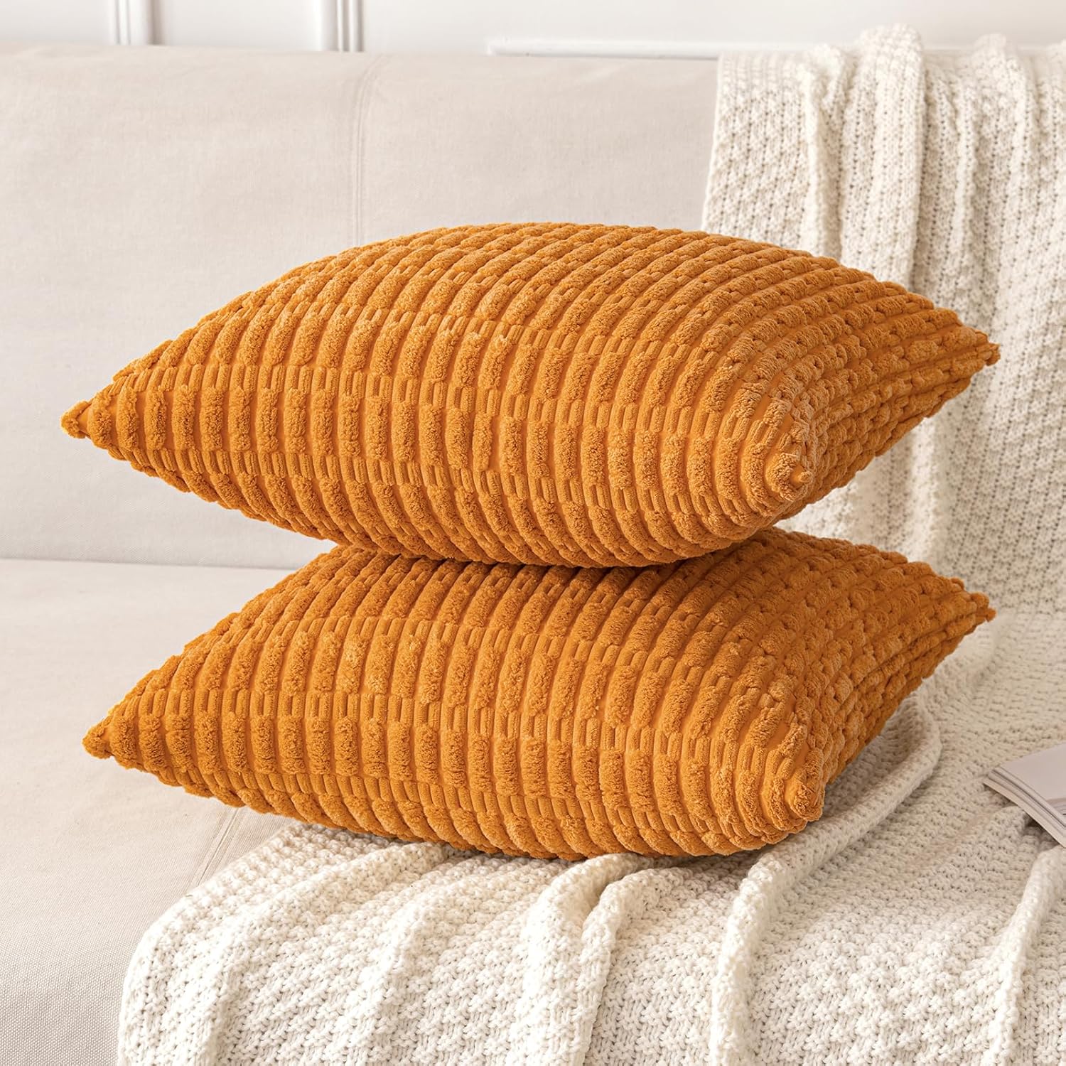 MIULEE Burnt Orange Corduroy Decorative Pillow Covers - Soft Boho Striped 18x18 Inch | Modern Farmhouse Decor