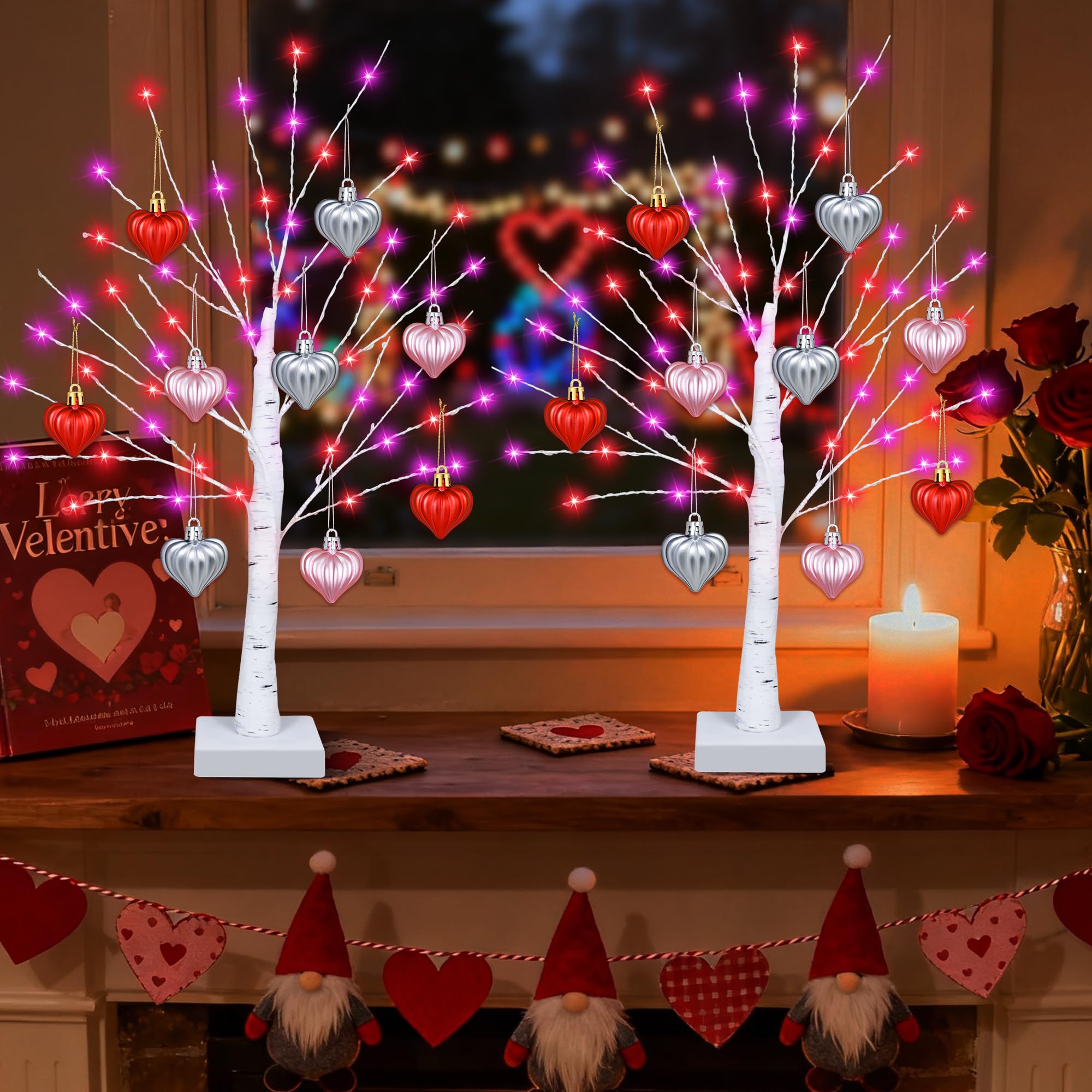 [Timer] Valentines Day Decorations Indoor 2 Pack 24 Inch Valentines Tree with 65 Red & Pink Lights 18 Hearts, USB & Battery Operated Valentines Decor, Valentines Day Decorations for Home Table Bedroom