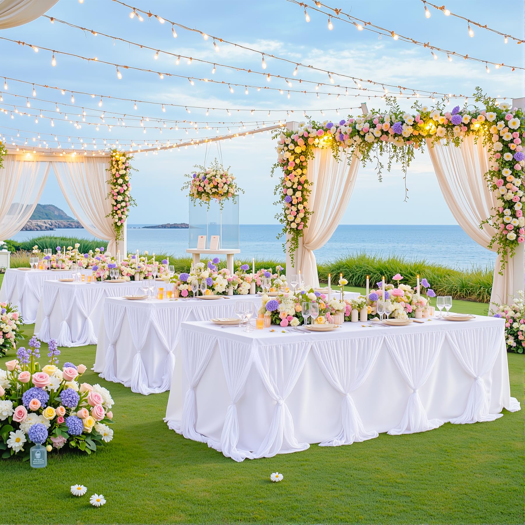 White Tulle Tablecloth 4Pack Stretchable Cross Table Cover 3 Sides for Wedding, Birthday, Party Decor, Banquet, Bridal Shower Fits Rectangle Tables 4ft