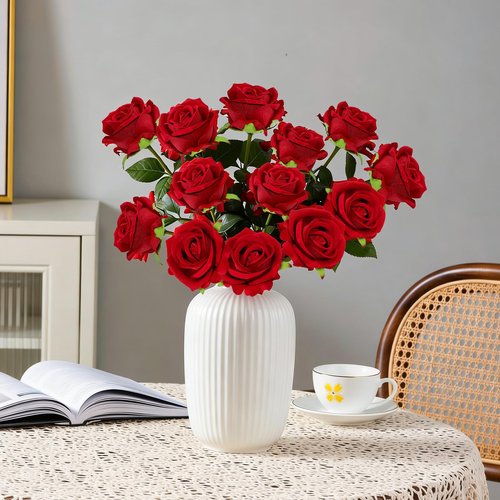 uehdydh 12 Pcs Red Roses Artificial Flowers, Real Touch Fake Velvet Flowers with Stems in Bulk for DIY Home Decor, Wedding, Party, Mother's/Valentine's Day Gifts