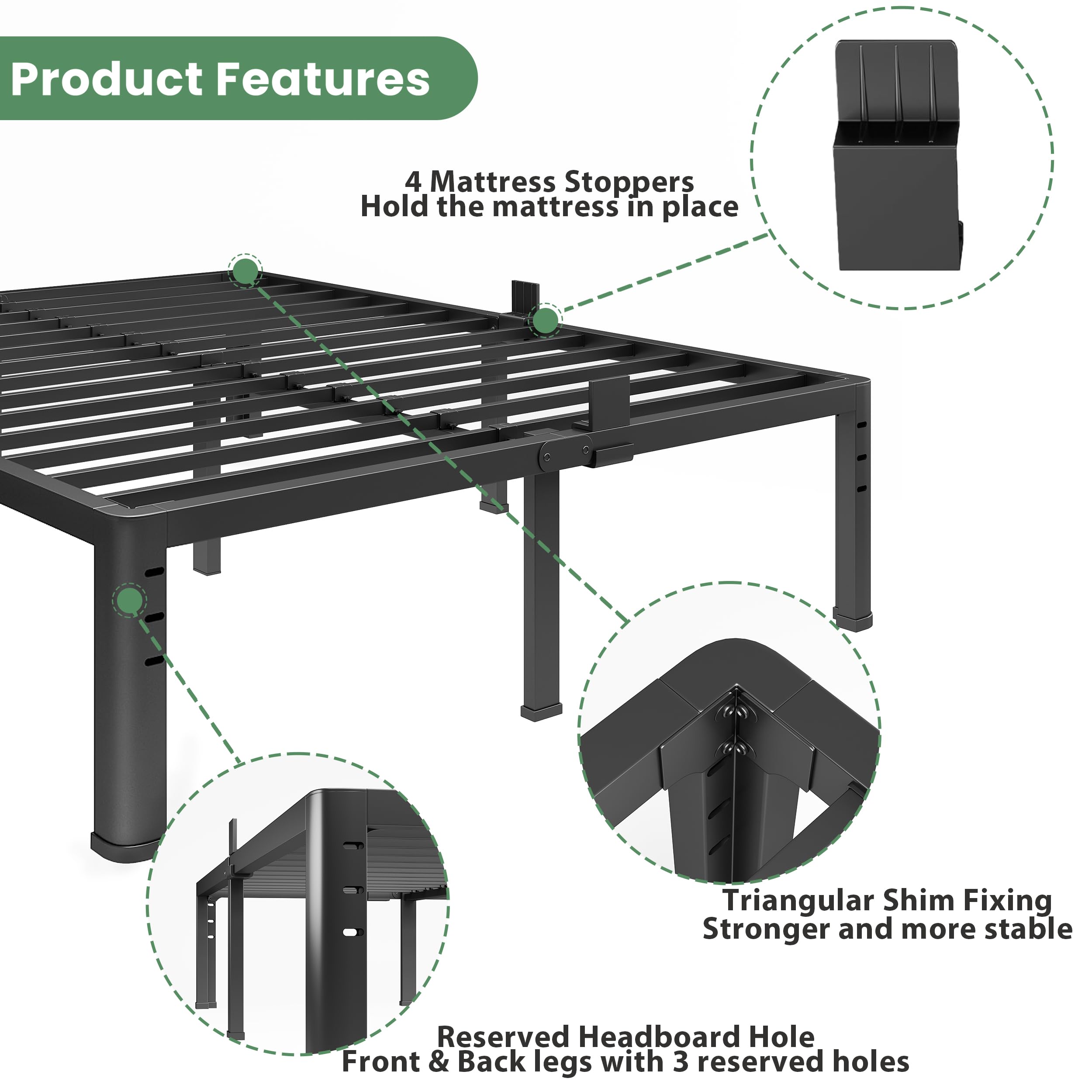 NKZ 14 Inch Queen Bed Frame, Sturdy Metal Platform with Round Corner Legs, 3,500 lbs Heavy Duty Steel Slat Support, Easy Assembly, Noise Free, No Box Spring Needed