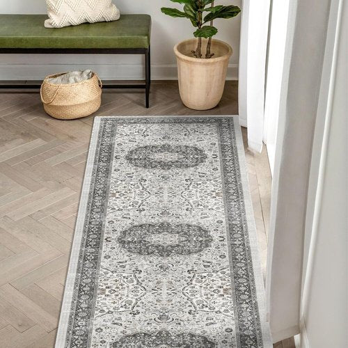 Hallway Runner Rug - 2x6 Washable Oriental Design | Stain Resistant, Ultra Soft, Non-Slip Grey Carpet