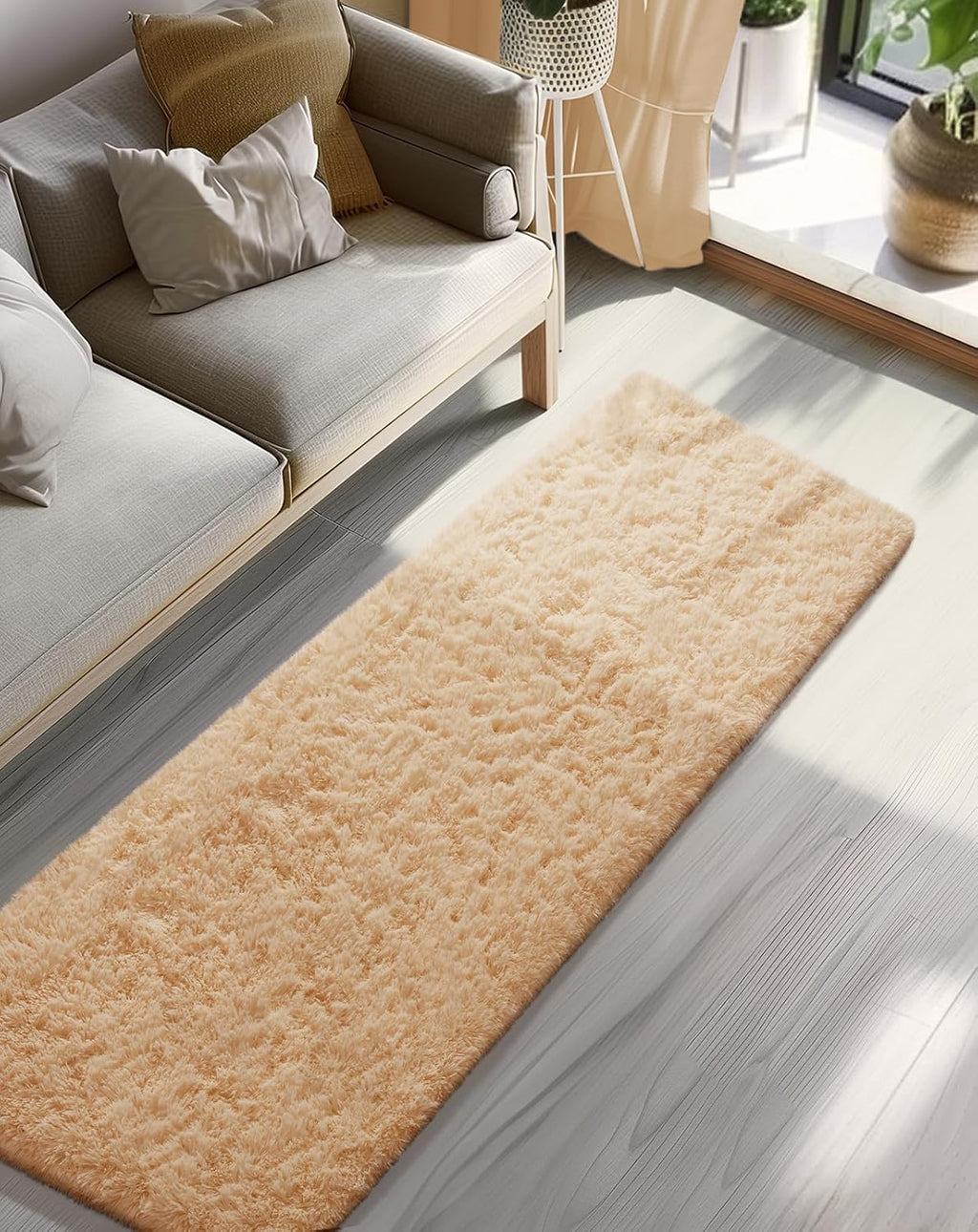 Ophanie 2x8 Runner Rug - Non-Slip Fluffy Soft Beige Shaggy Carpet for Hallway & Bedroom Decor