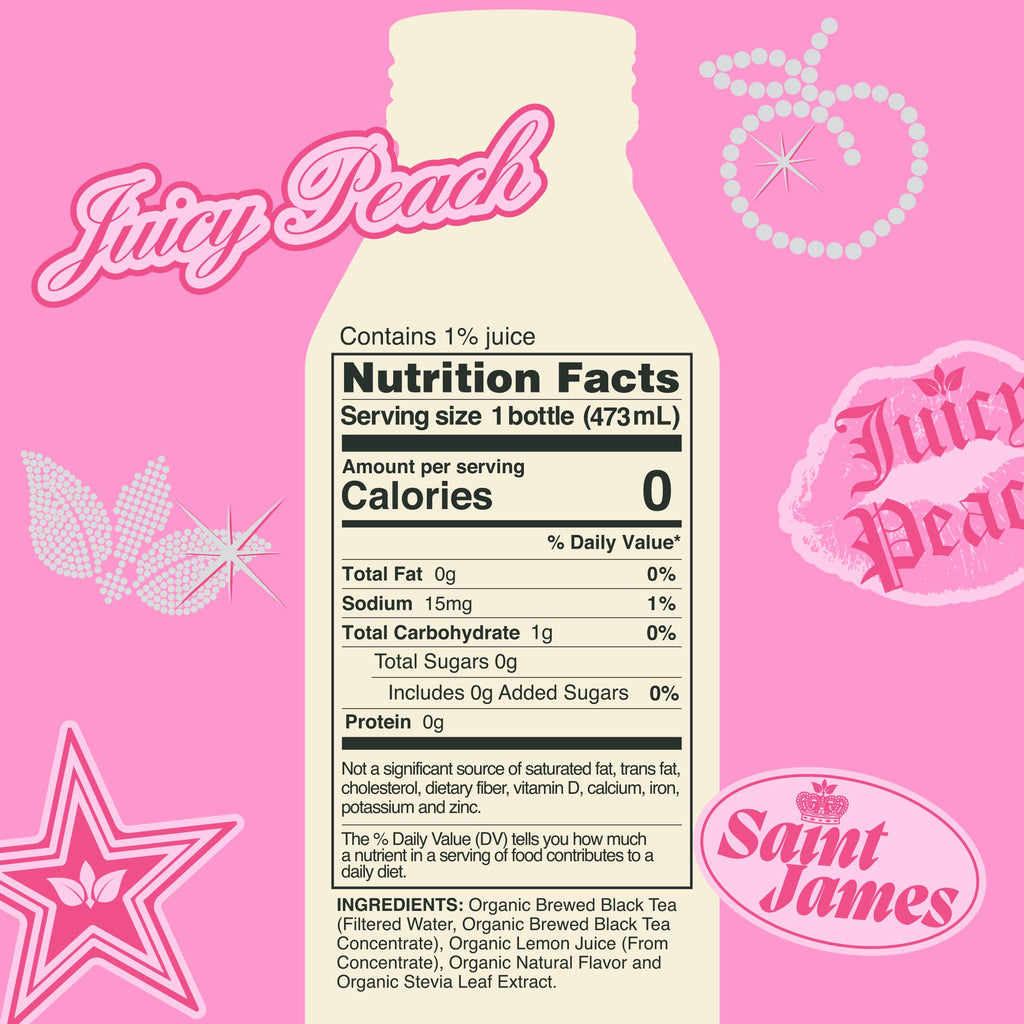 Saint James Iced Tea x Juicy Couture Limited Edition - Organic Black Tea - Non-GMO, Gluten Free, Zero Calorie, Zero Sugar - Juicy Peach, 12 Pack (16 fl oz each)