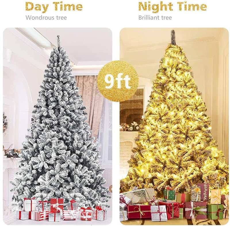 9FT Snow Christmas Tree - Artificial Flocked Hinged Pine with Metal Stand, Full Indoor/Outdoor Xmas Tree (Variation: 9ft)