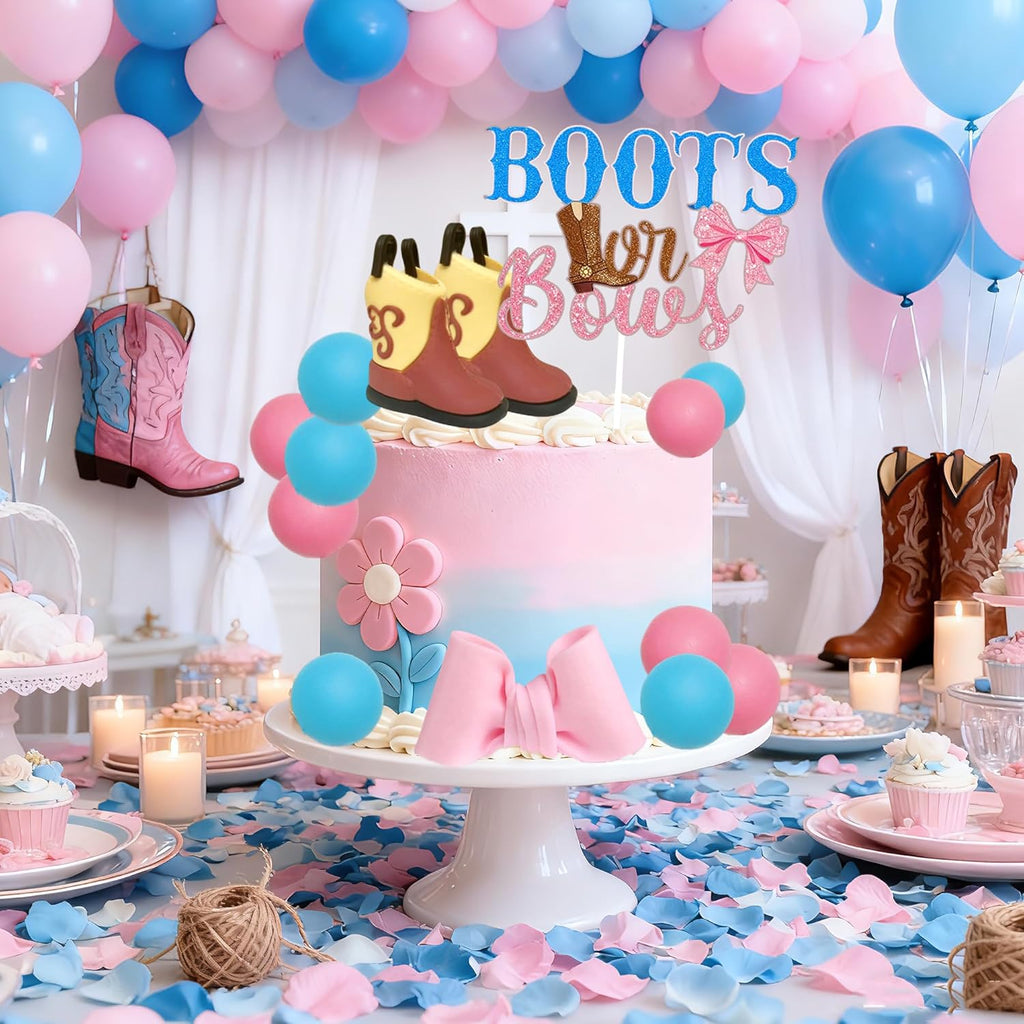 Skiennix Gender Reveal Cake Decorations - Acrylic Boots & Bows Toppers Set for Baby Shower