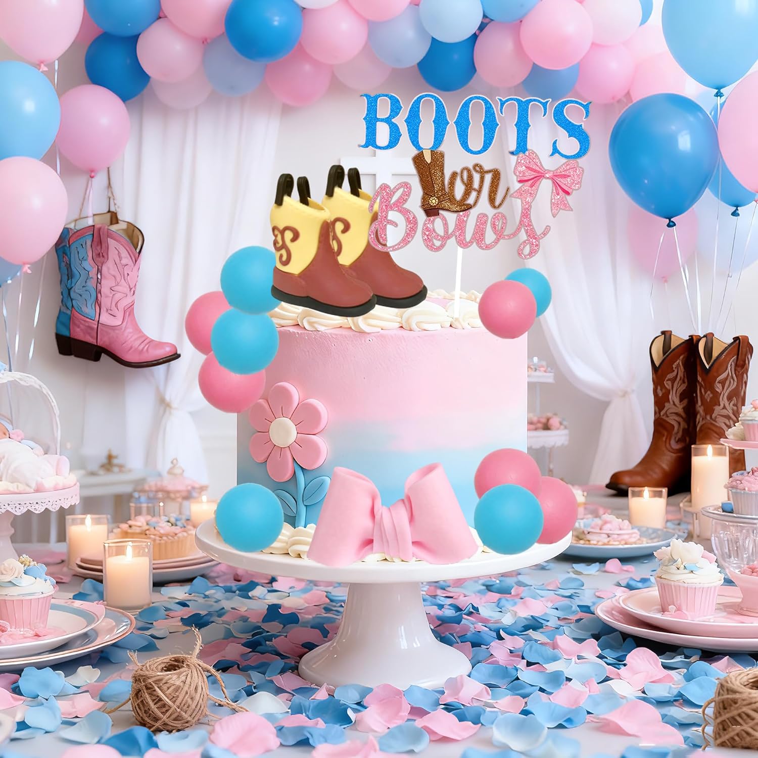 Skiennix Gender Reveal Cake Decorations - Acrylic Boots & Bows Toppers Set for Baby Shower