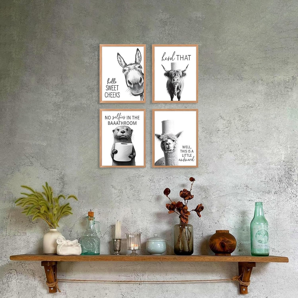Regine Switzerland Funny Bathroom Wall Art - Rustic Black and White Animal Prints | Unframed 8x10 Inch Set of 4