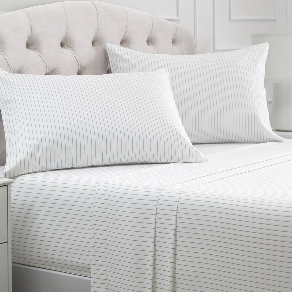 Mellanni Full Sheets Set - 4 PC Iconic Collection | Hotel Luxury, Extra Soft, Cooling Bed Sheets - Wrinkle, Fade, Stain Resistant (Full, Pinstripe Gray)